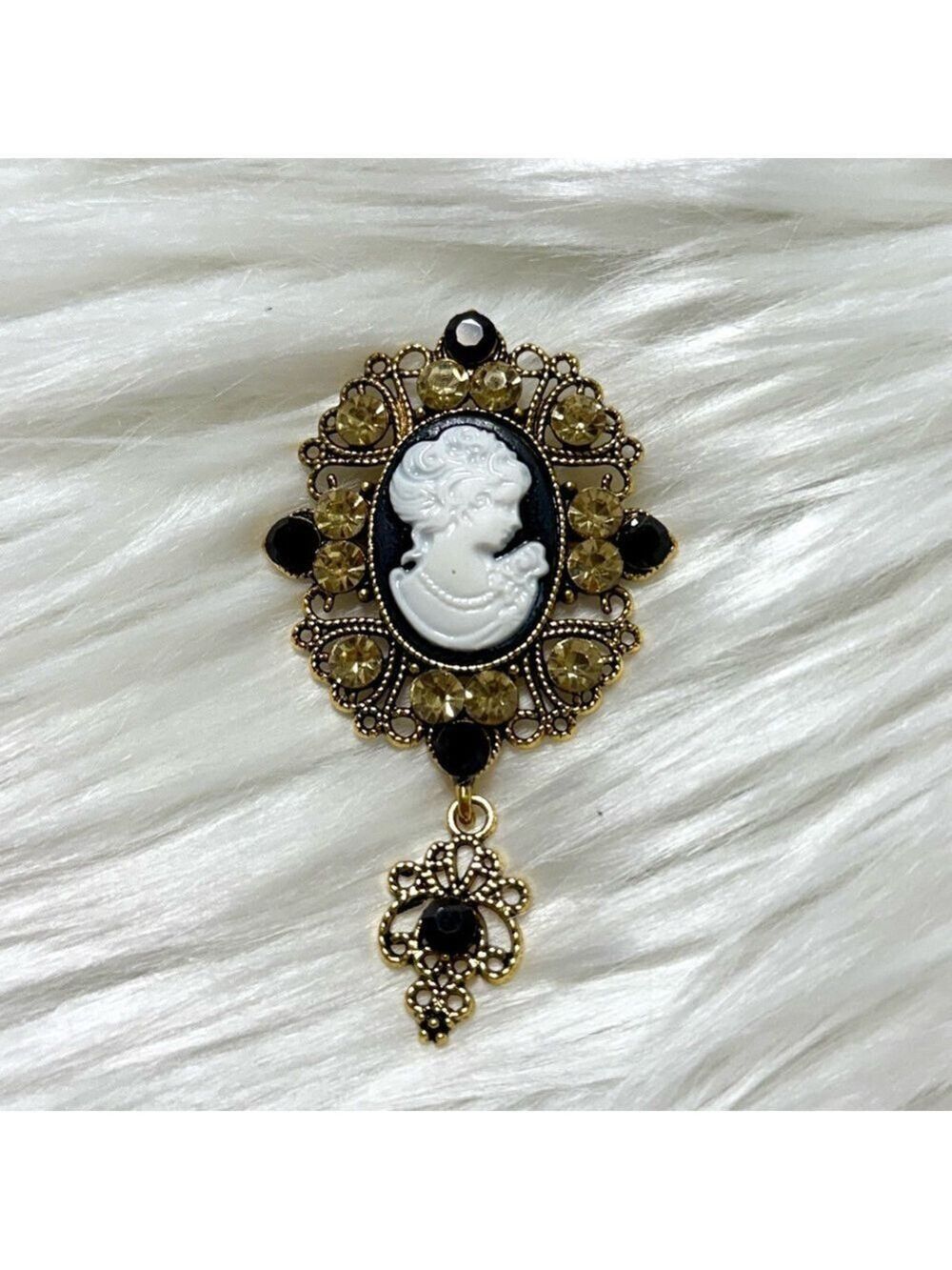 Cameo Pendant Gold Tone With Black & Golden Crystals New